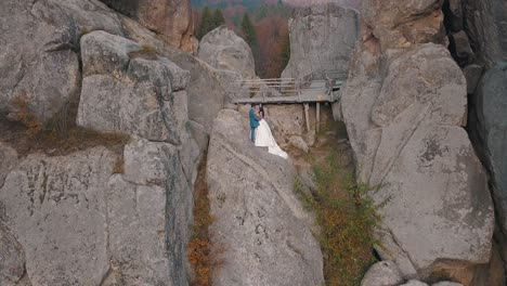 newlyweds stand on a high slope of the mountain. groom and bride. arial view