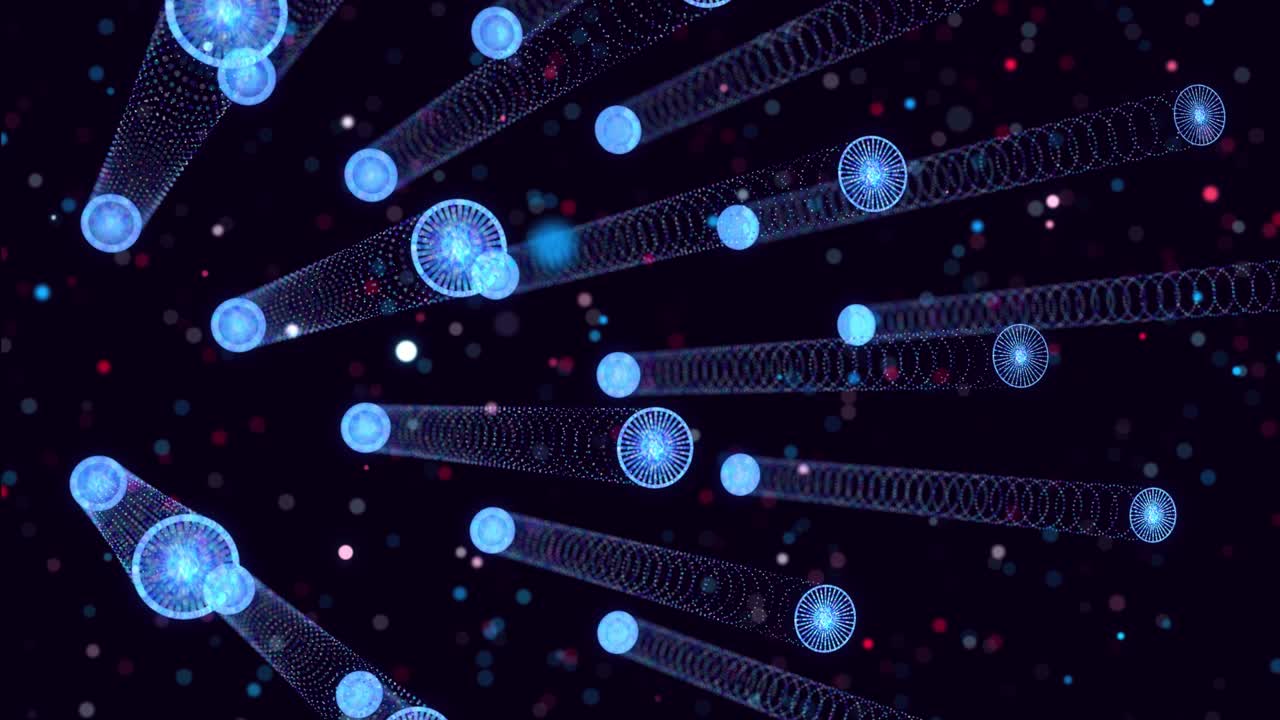 Abstract glow particles form 3d object in space. Cylinders. Vj loop as bg of virtual digital space. Particles form holoram shape as concept of big data, network or vr space. Sci-fi motion design bg