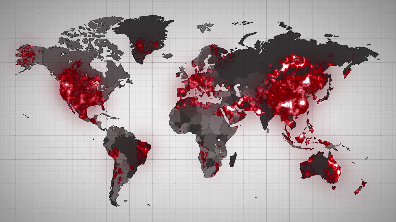 animación del mapa del mundo y los países que se vuelven rojos a través de círculos en un fondo blanco