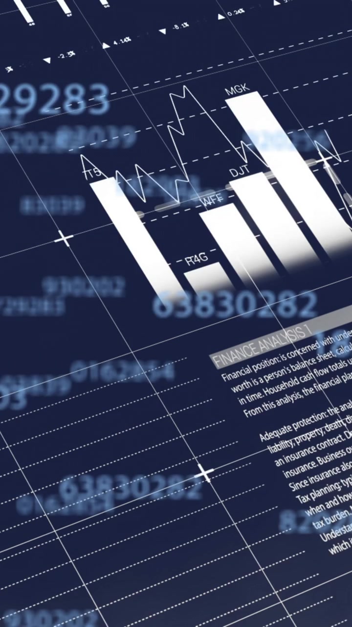 Animation of statistics and financial data processing on dark background