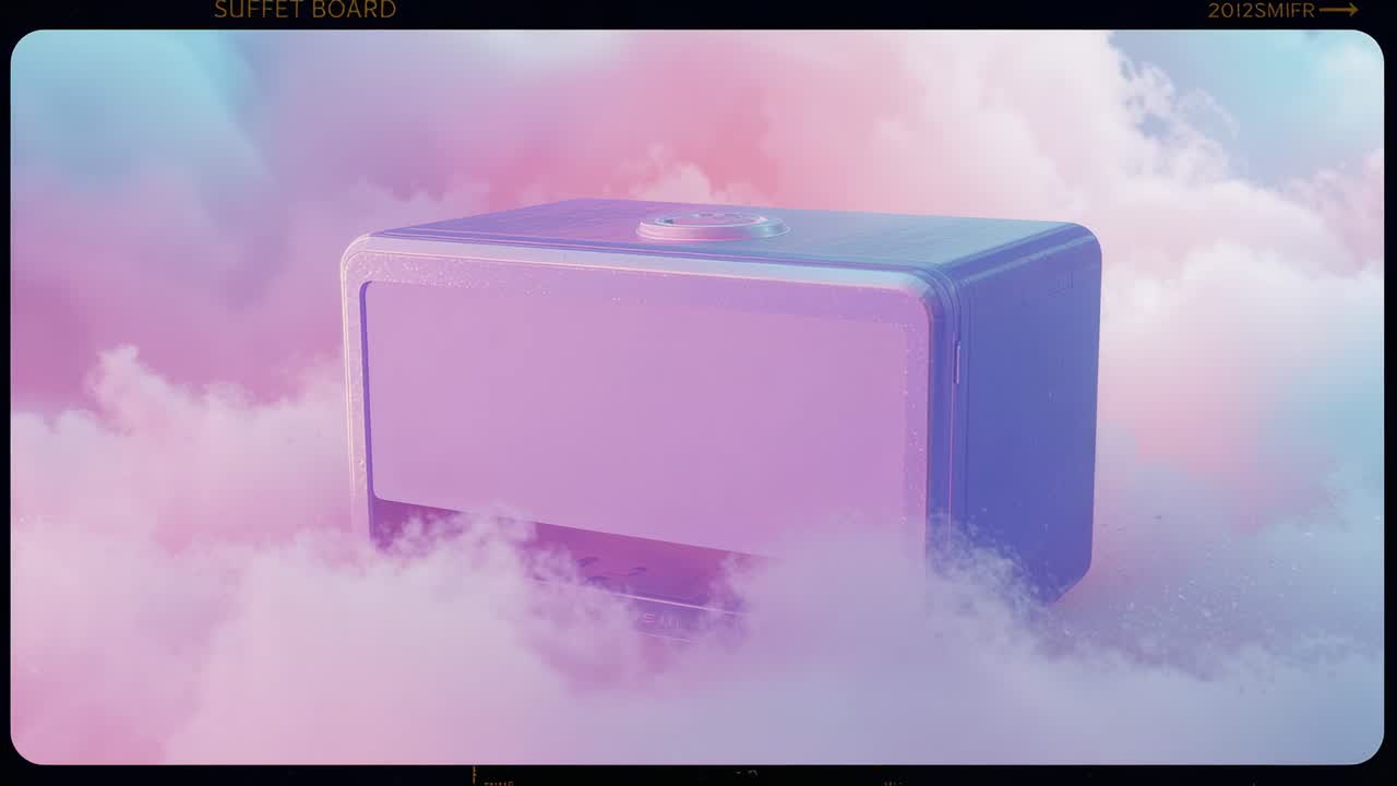 As swirling pink-blue clouds parting, sliding pastel toaster revealing dial showcasing sleek form