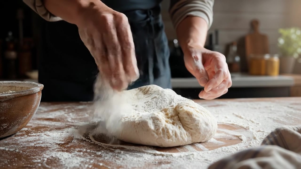Primo piano di mani che impastano impasto fresco per il pane su un tavolo di legno infarinato in una cucina.