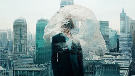 businesswoman in a suit stands on a rooftop, trapped with her head encased in a melting block of ice