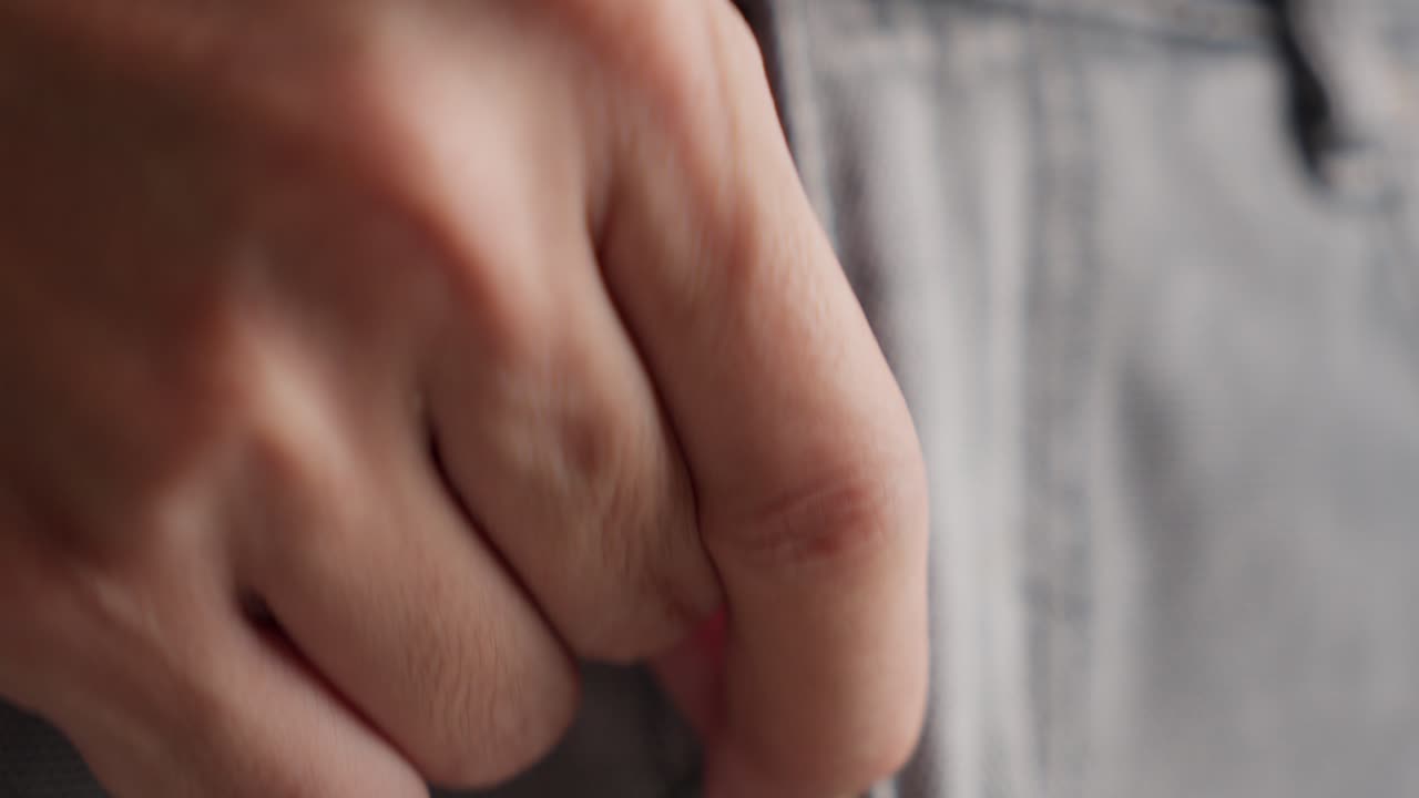 Close-up Of Hand Closing Zipper Of Denim Jeans.