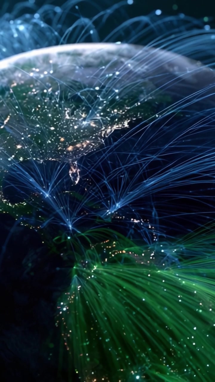 Una straordinaria visualizzazione della connettività globale: esplora la complessa rete di dati che fluiscono attraverso continenti e oceani, illuminando il nostro mondo digitale.