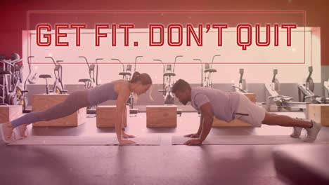 animation of get fit don''t quit text over diverse man and woman exercising in gym