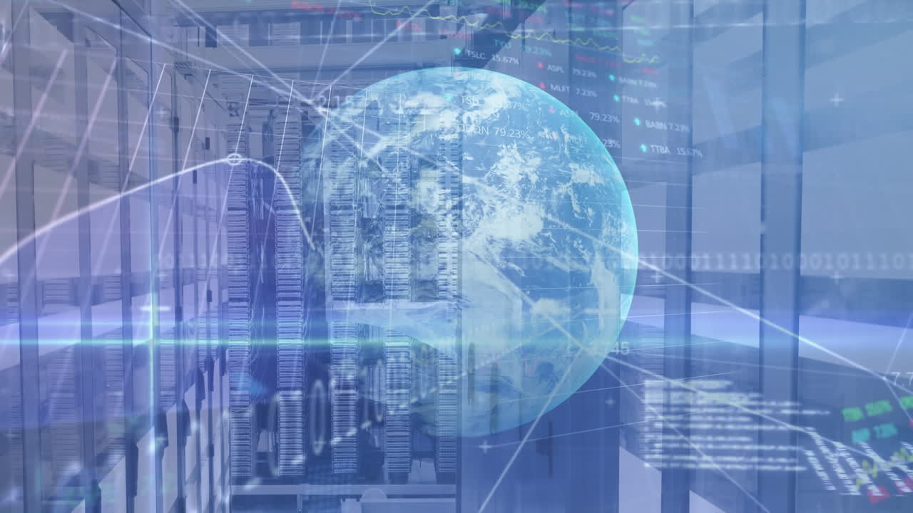 Animation of data processing with globe over server room