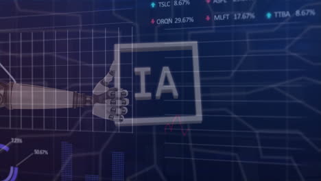 animation of data processing and diagrams over robotic arm