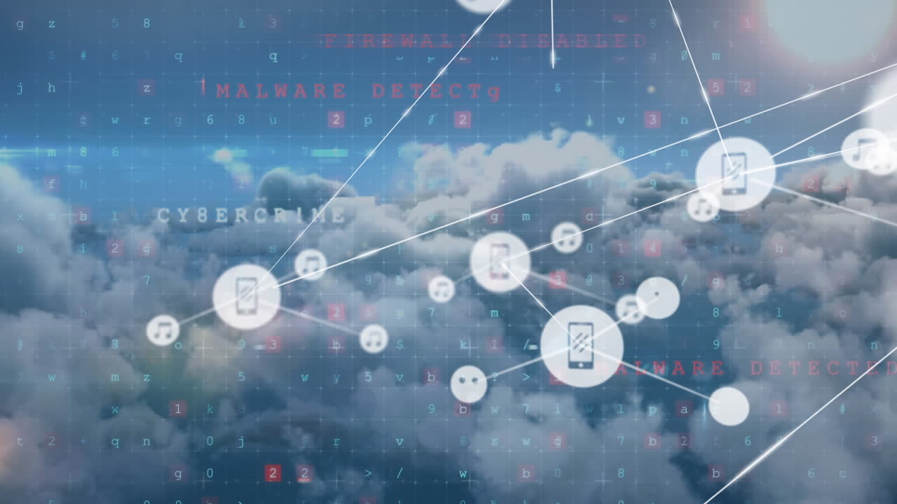 анимация сети цифровых икон и обработка данных кибербезопасности на фоне голубого неба