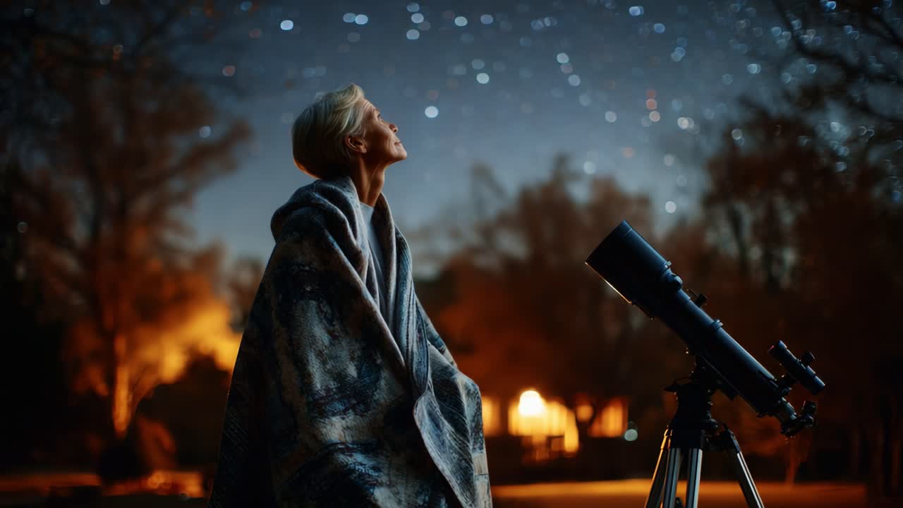 A Stargazer Wrapped in a Cozy Blanket Gazes Upward with Wonder, Captivated by the Dazzling Array of Stars in the Night Sky with a Telescope by Their Side