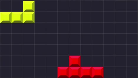 dibujos animados de animación estilo plano de coloridos ladrillos tetris bajando y encajando juntos en un fondo de cuadrícula