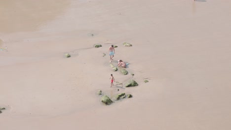 family playing on some rocks on the shore near the sea