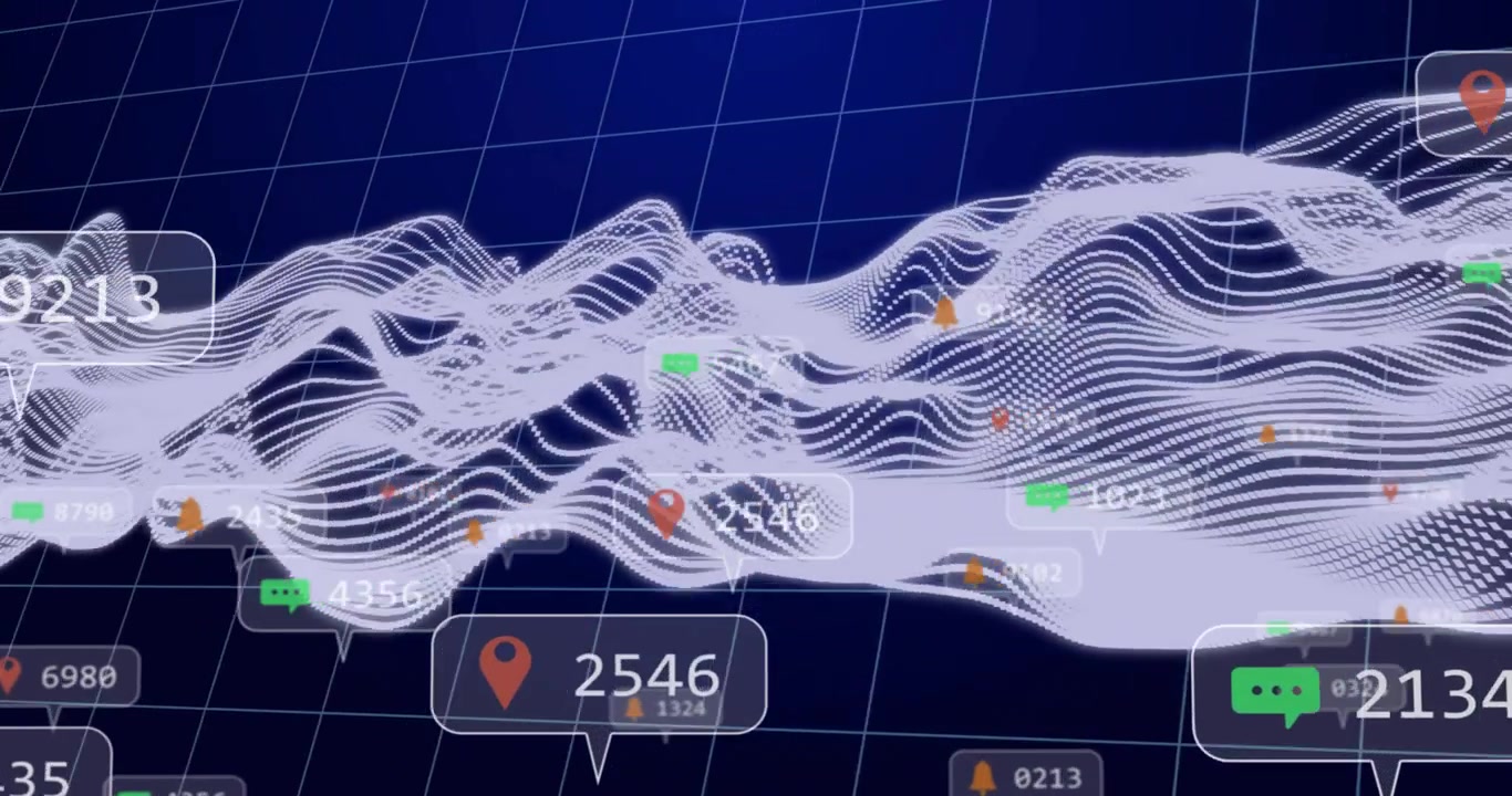 Beginning on grid wireframe wave undulating carrying pins and chats updating data for insight