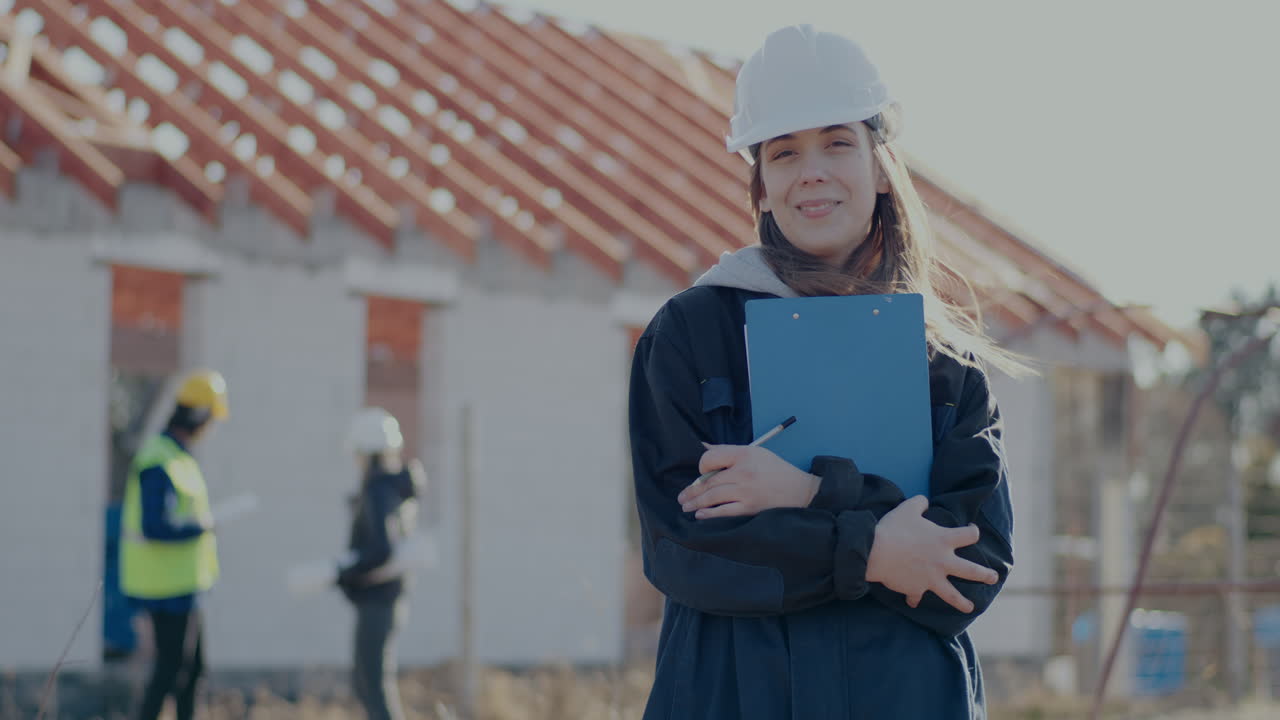 Portrait of smiling young female building contractor wearing hardhat standing with clipboard at incomplete construction site