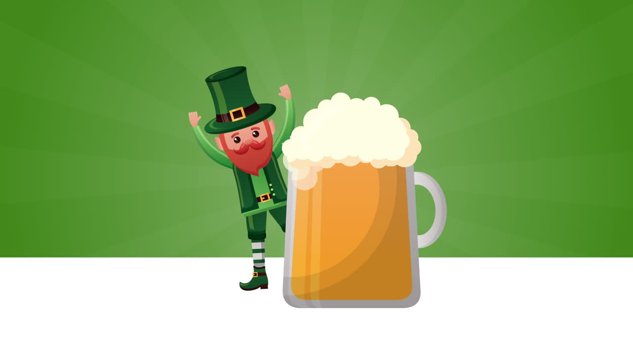 Kartu animasi Hari St. Patrick dengan peri bahagia dan bir