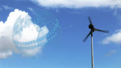 animation of globe with numbers over wind turbine in countryside