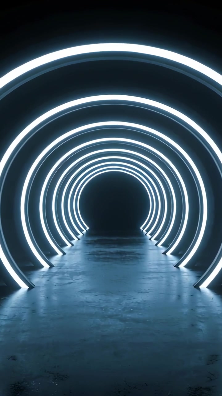 Vertical video: Opening on glowing ring, center LED rings tunnel drawing eye inward in gallery