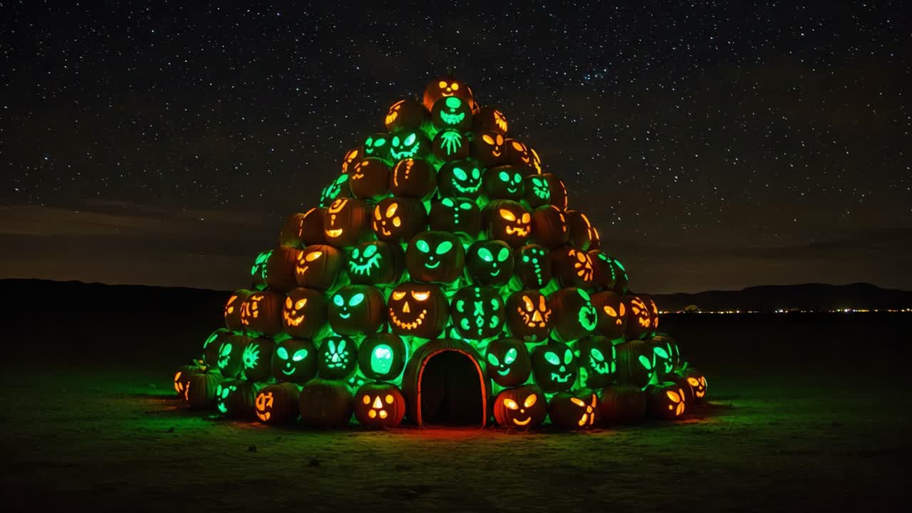A Stunning Display of Illuminated Jack-o'-Lanterns Forming a Spooky Pumpkin Structure Under a Starry Night Sky, Capturing the Essence of Halloween Festivities