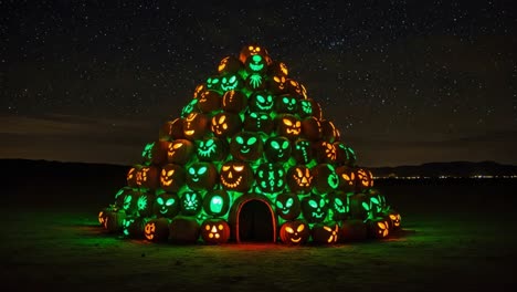 a stunning display of illuminated jack-o'-lanterns forming a spooky pumpkin structure under a starry night sky, capturing the essence of halloween festivities