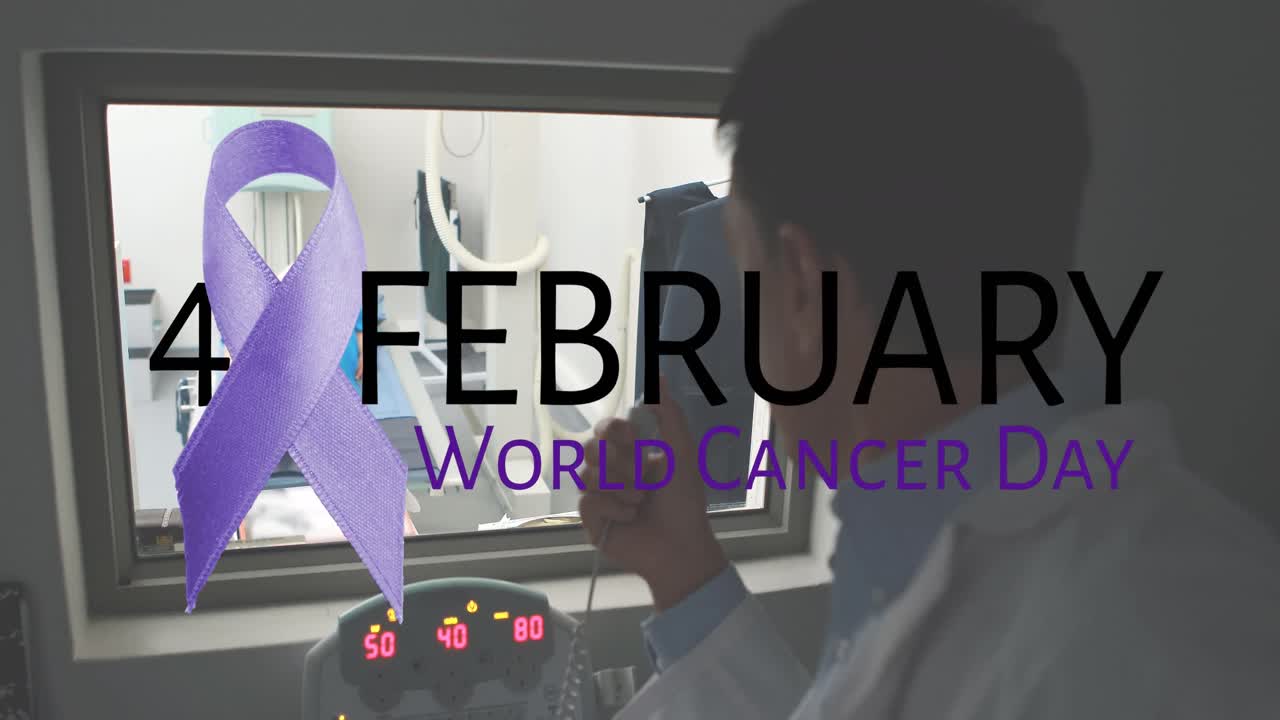 Animação do Dia Mundial do Câncer sobre um médico asiático durante uma tomografia.