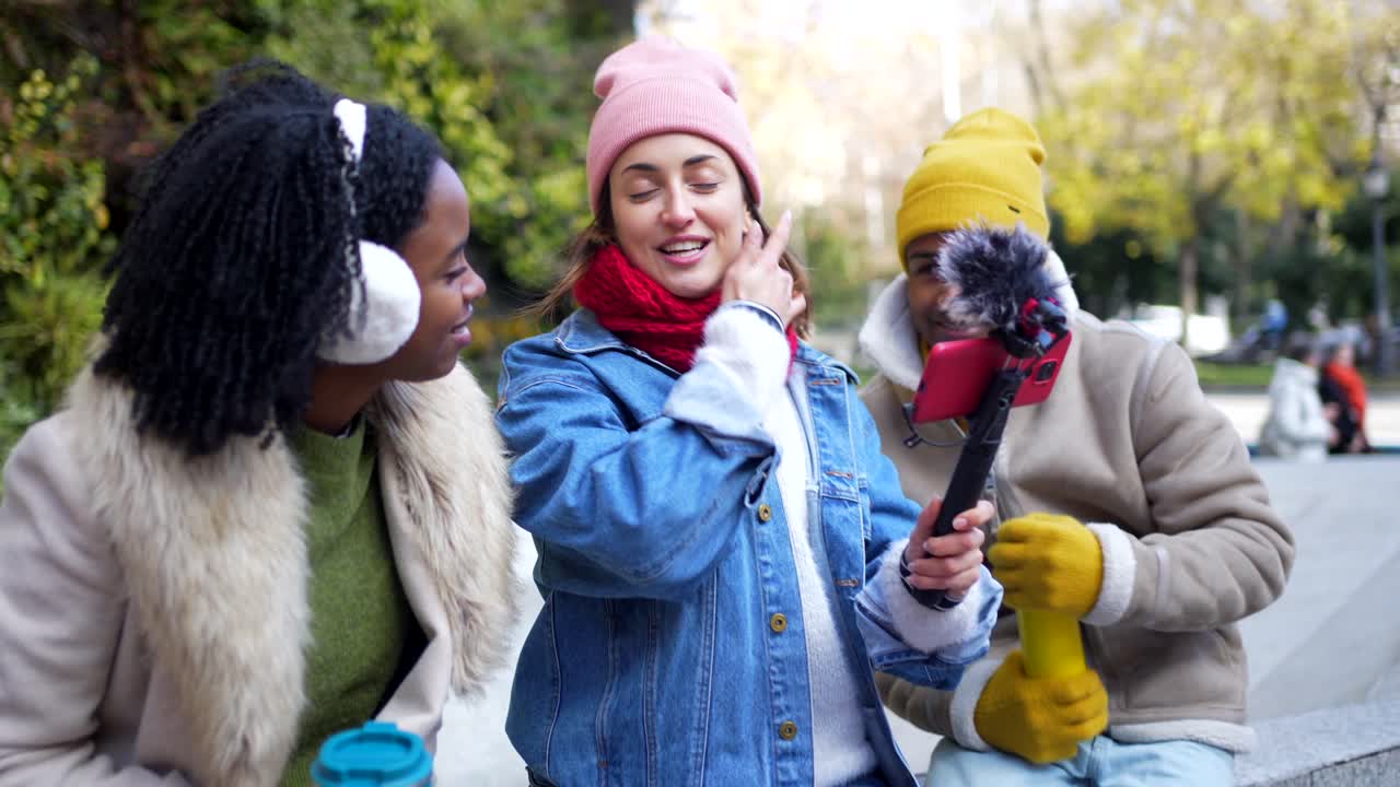 Friends Vlogging Outdoors in Winter