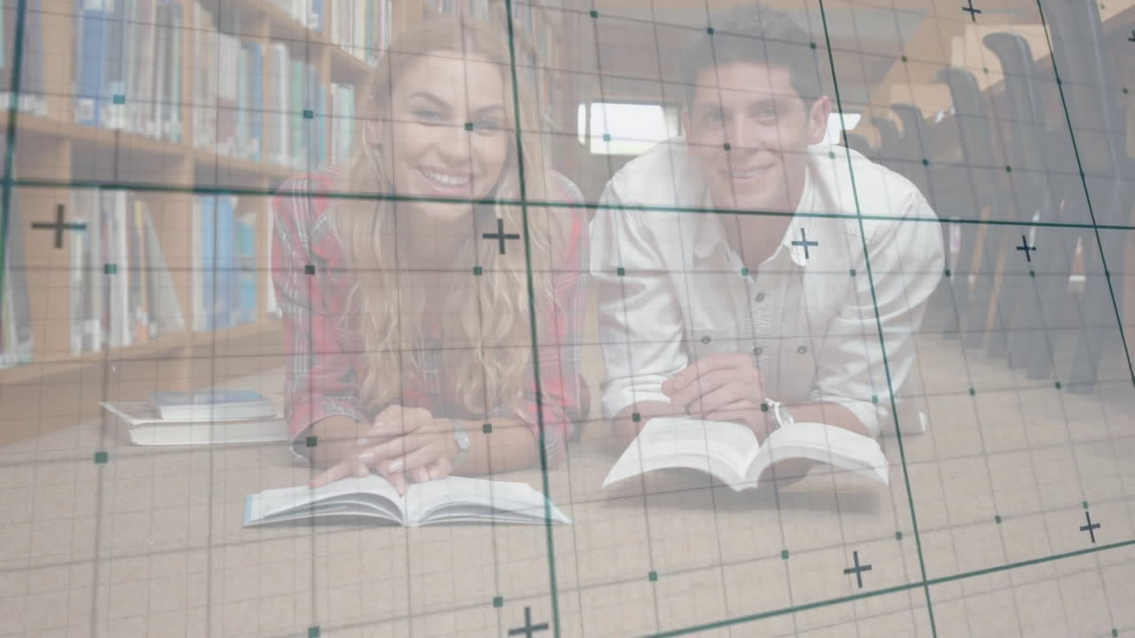animación de puntos de cuadrícula y datos sobre los estudiantes que estudian en la biblioteca