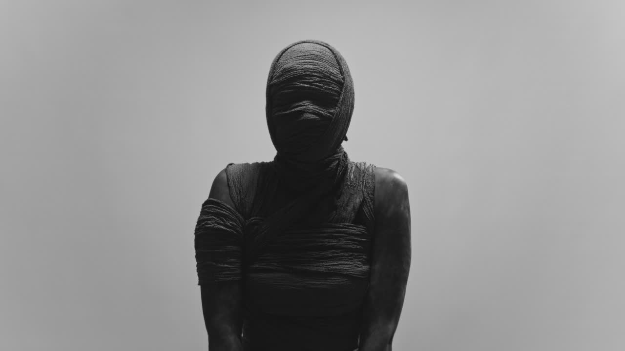 A mummy of a woman on a white backdrop slowly rises her head