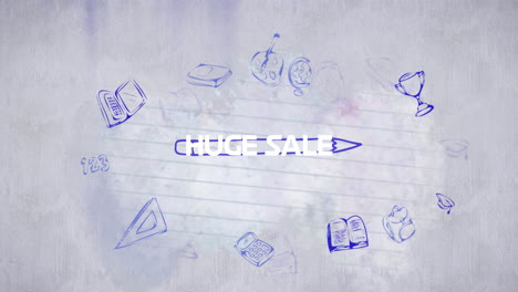 animación de iconos de artículos escolares y texto de venta enorme sobre fondo blanco