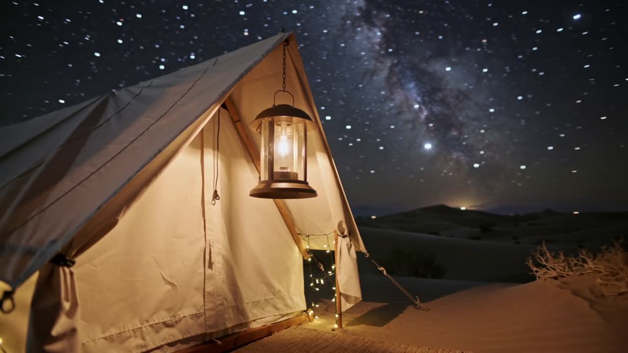Telecamera che si sposta e si addentra nella notte del deserto, inquadrando una tenda di tela con lanterna e la Via Lattea.