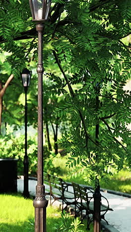 serene park scene with lampposts and lush greenery