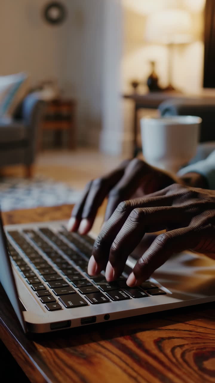 Hands typing on a laptop keyboard in a home setting