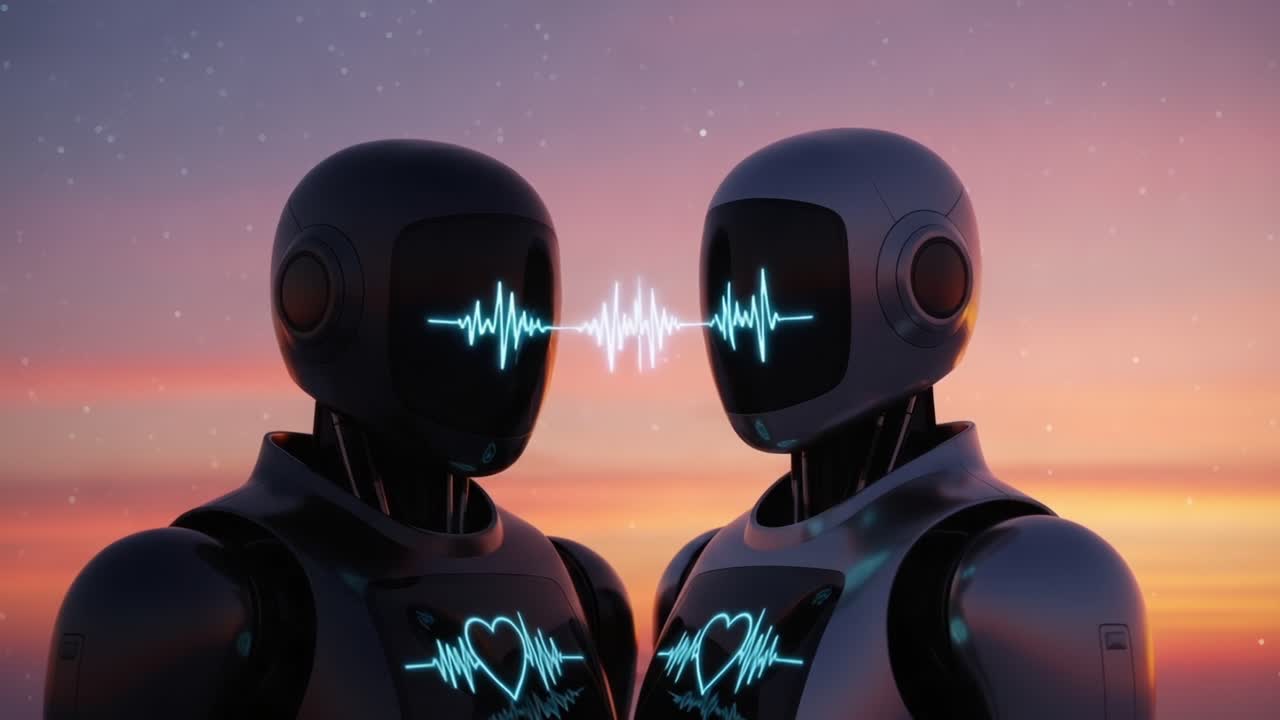 Two Robots Interconnected by Heartbeat Waves, Symbolizing Love and Connection Against a Beautiful Sunset Sky