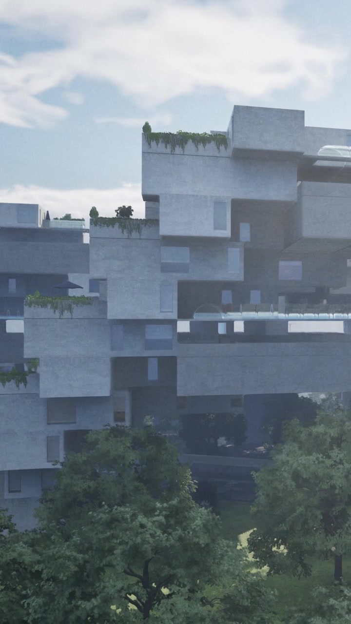 Design moderno di un edificio in un'area urbana con spazi verdi sulla struttura.