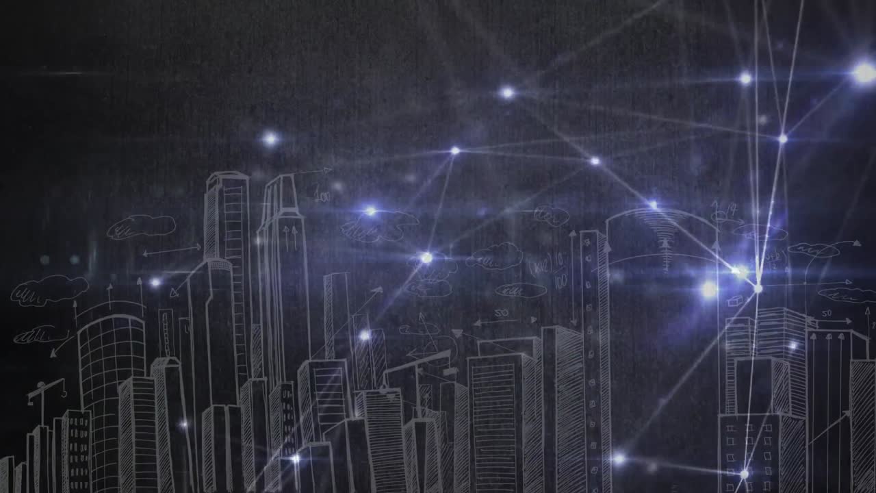 リンクに接続された光点.背景の都市風景の図面