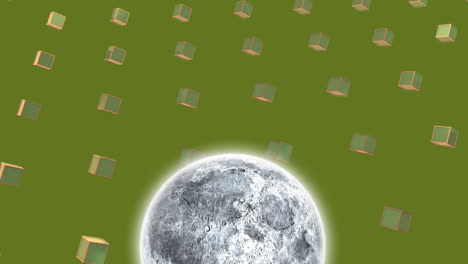 animación de la luna que aparece sobre un fondo verde con cubos giratorios