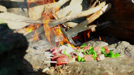 Nahaufnahme-Von-Spießen-In-Holzstäbchen,-Die-Am-Rustikalen-Lagerfeuer-Im-Freien-Kochen