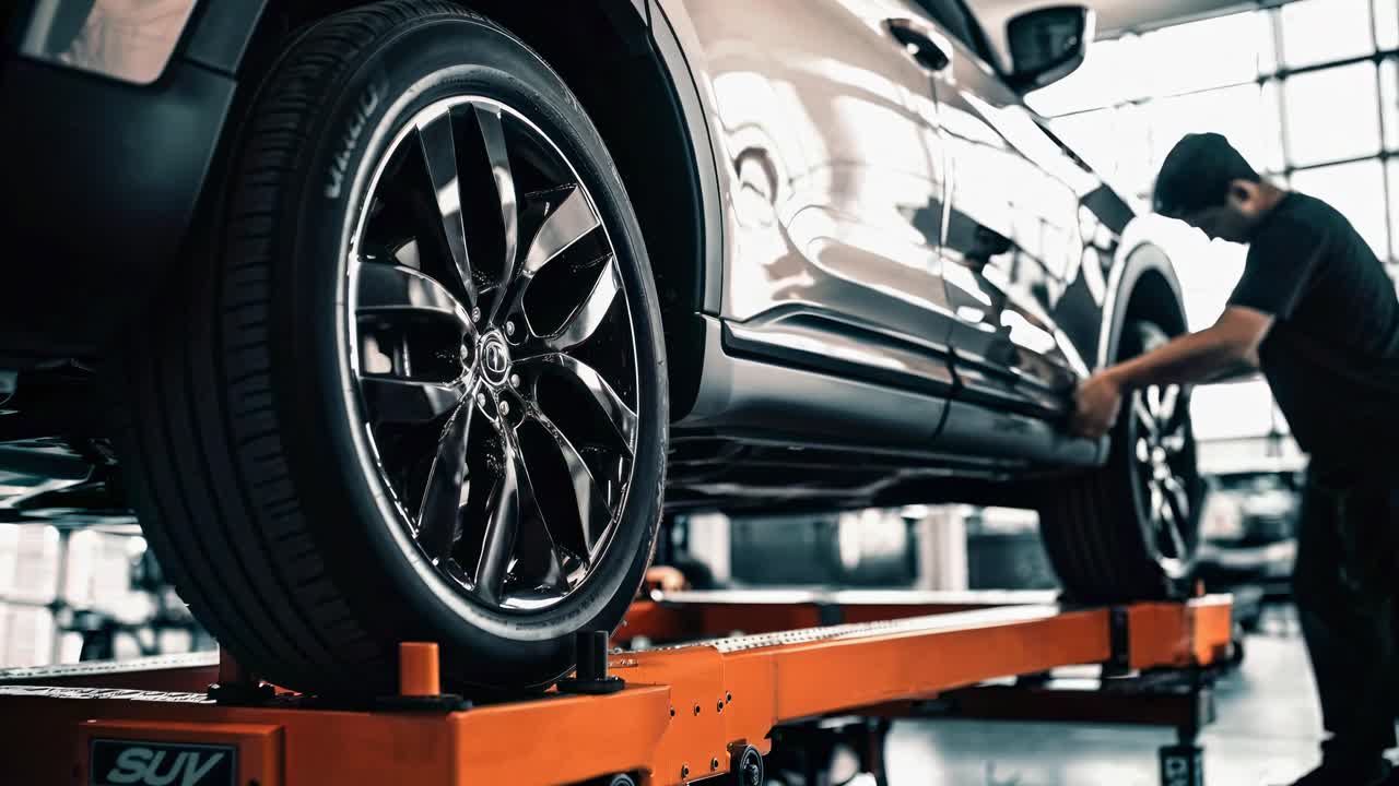Low-angle video shot of a sleek SUV on a lift in a modern garage, highlighting the shiny wheels