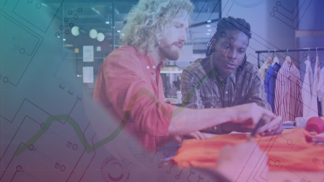 Animation of financial data processing over diverse business people