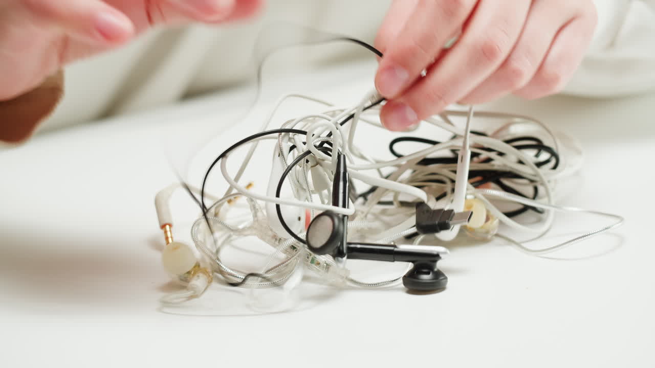 Young woman trying to untangle the headphones close-up. Tangled wires on table. Trying to untangle many messy cables