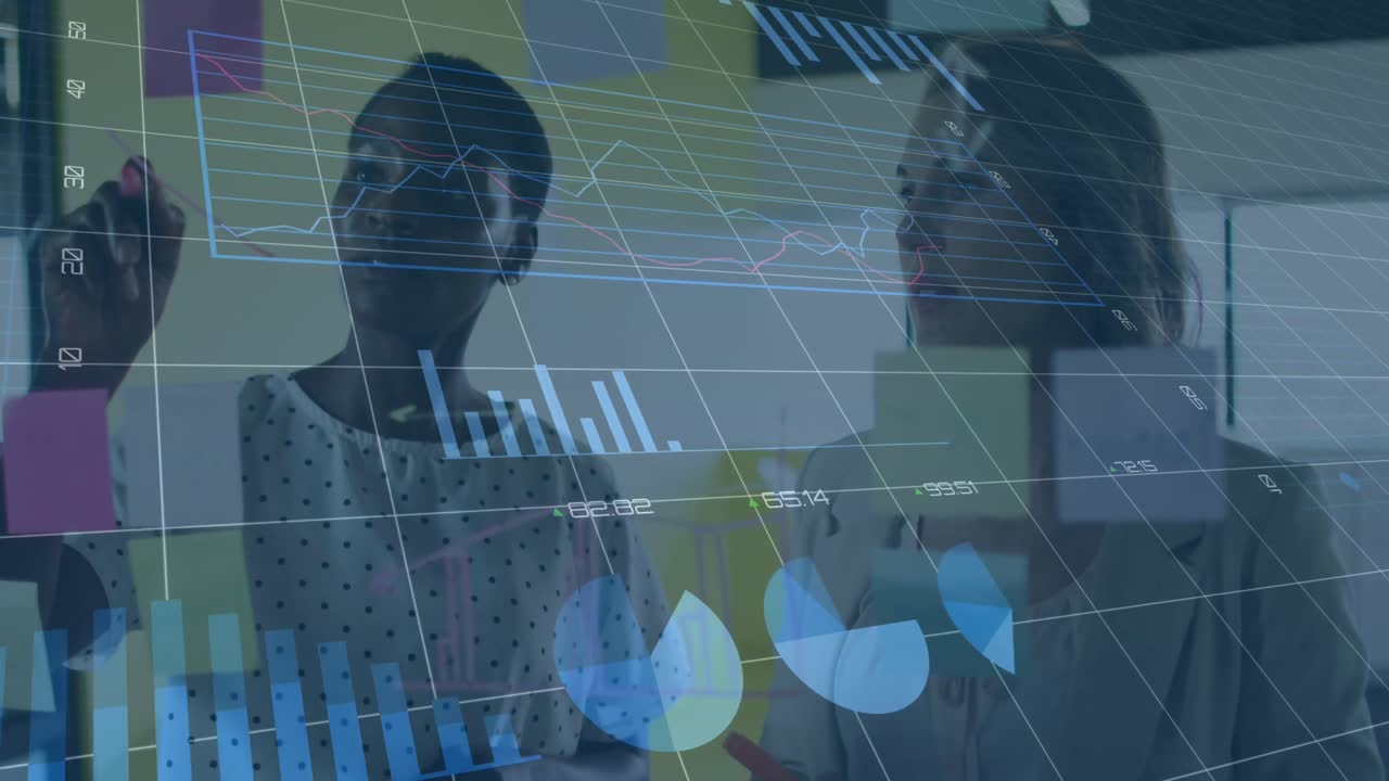 Animation of data processing over diverse business people taking notes