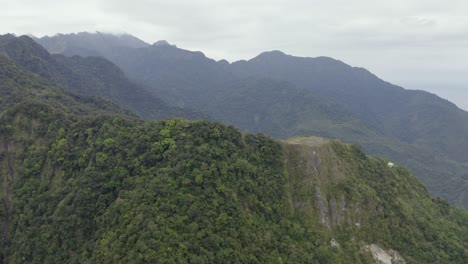 aerial view rising above tropical green taroko valley dense jungle woodland mountain peaks