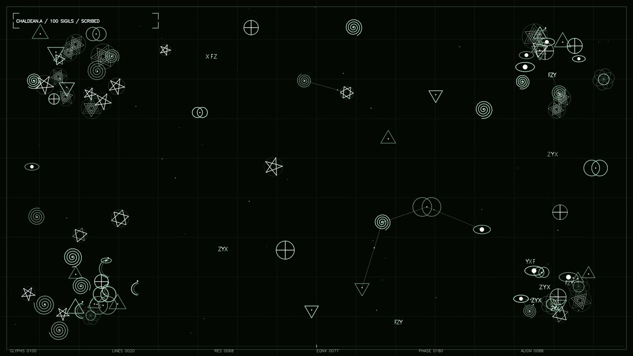 A dark, minimalist user interface displays a complex array of glowing green and white sigils across a grid. Geometric shapes like pentagrams, triangles, and spirals drift slowly, accompanied by crypti