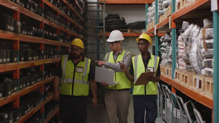 Two Caucasian and an African American male factory worker at a factory wearing hard hats and glasses