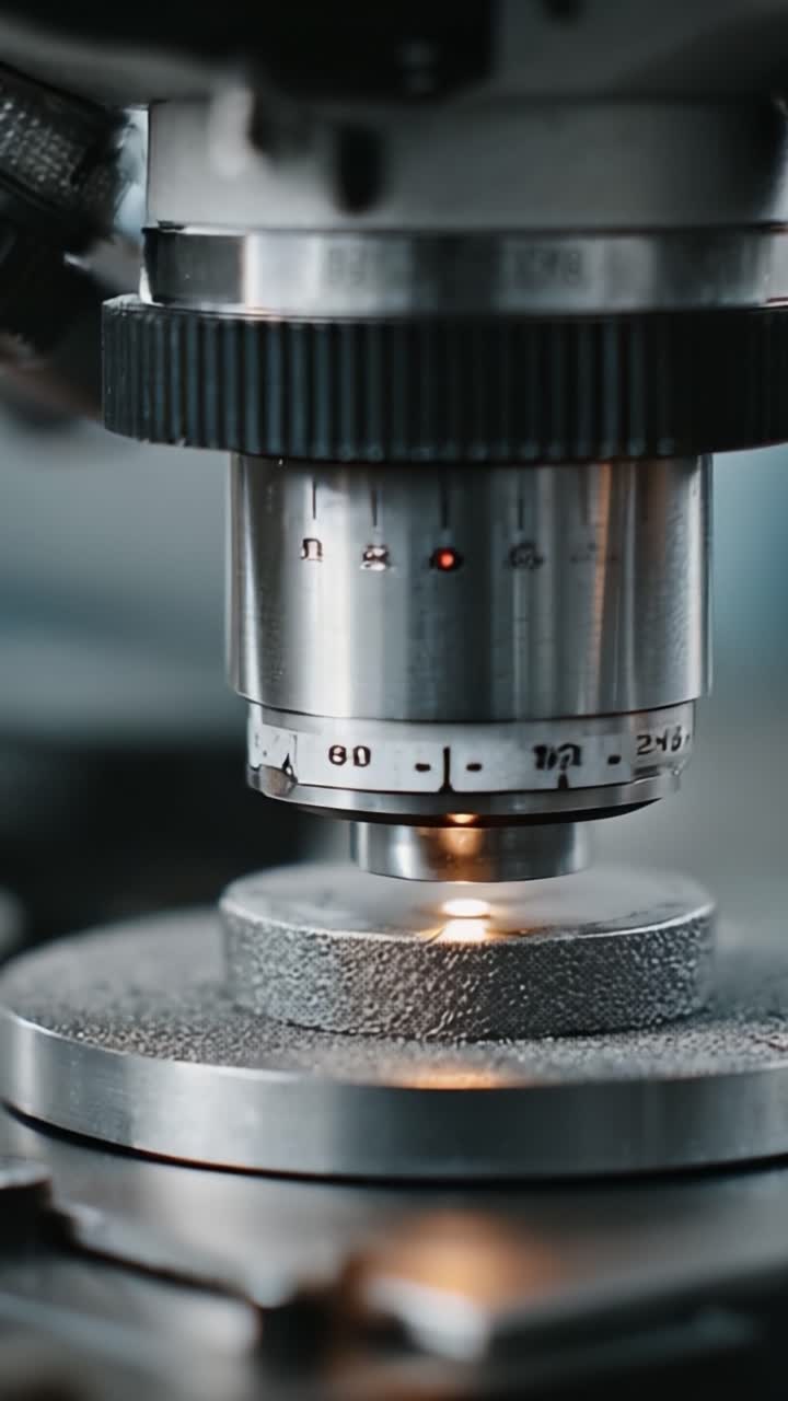 Close-Up View of a Precision Microscope in Action, Showcasing Detailed Lens Mechanism and Focusing Light on a Sample for Scientific Analysis and Research