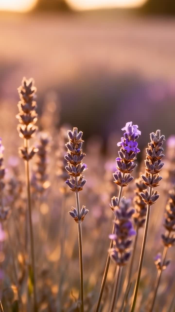 Video verticale: steli di lavanda ondeggianti che mostrano fiori e spighe nella brezza del campo mentre il sole si sposta