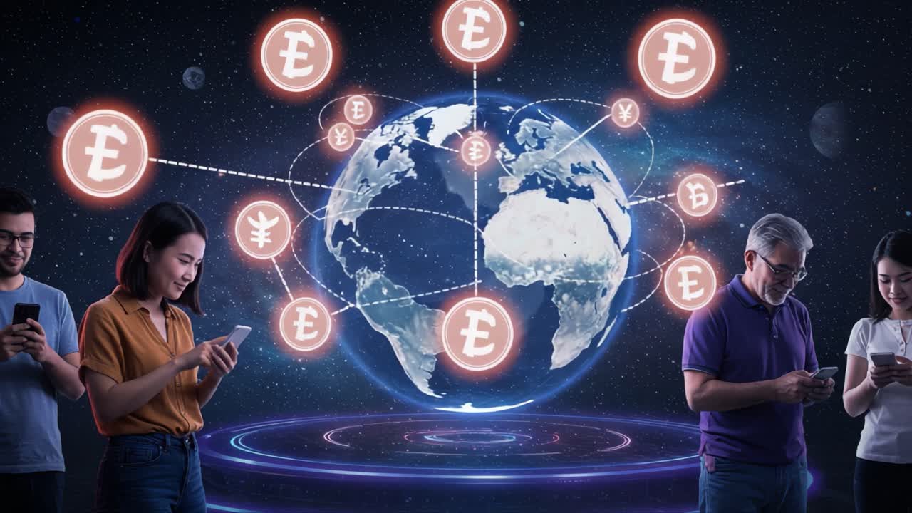Global Connectivity and Digital Currency: People Engaged in Mobile Transactions with a Futuristic Globe Advertising Digital Currency Exchange in Space