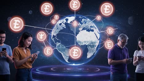 global connectivity and digital currency: people engaged in mobile transactions with a futuristic globe advertising digital currency exchange in space