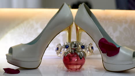 white wedding shoes for women and perfume