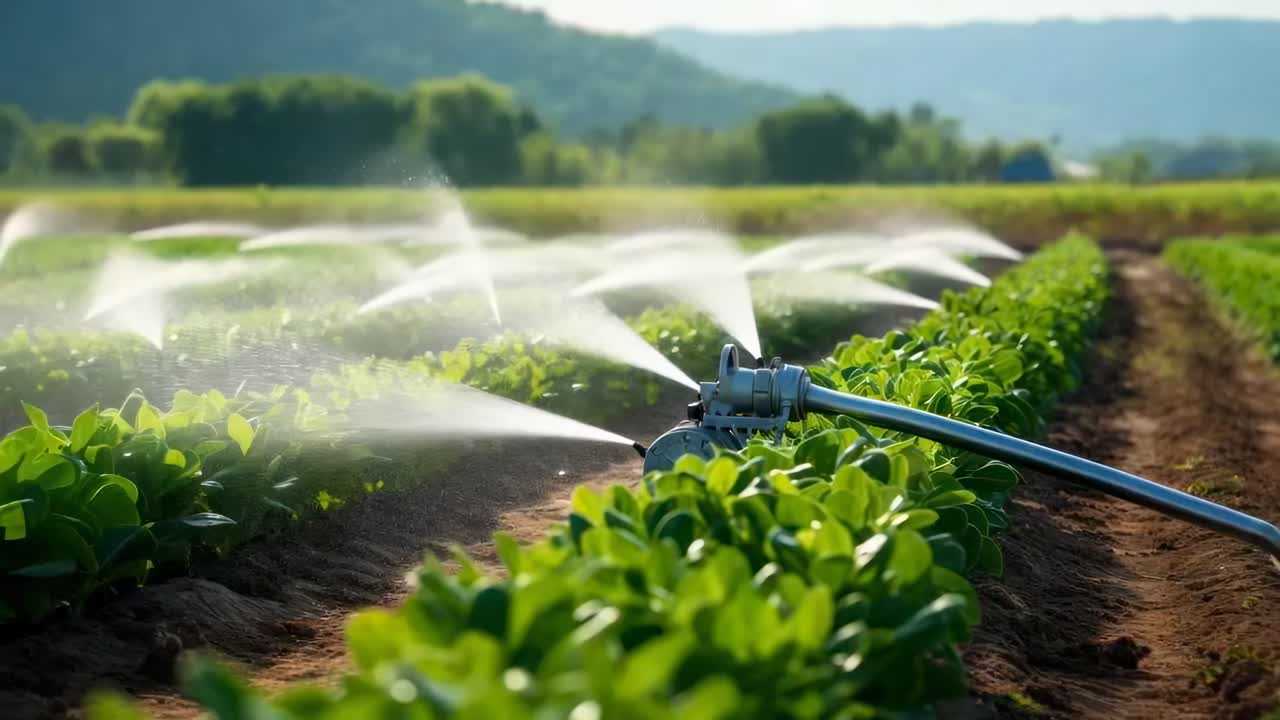Low-angle video capturing lush green crops being watered by sprinklers, set against a backdrop