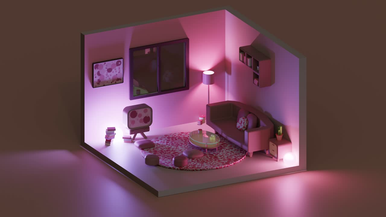 3D animation loop of light living room at night low poly, isometric view